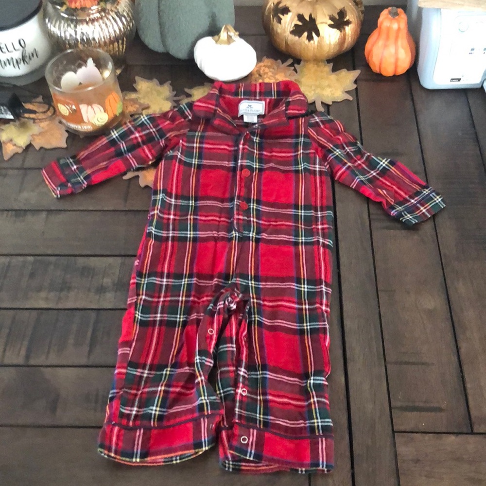 Petite Plume red tartan one piece romper pajamas